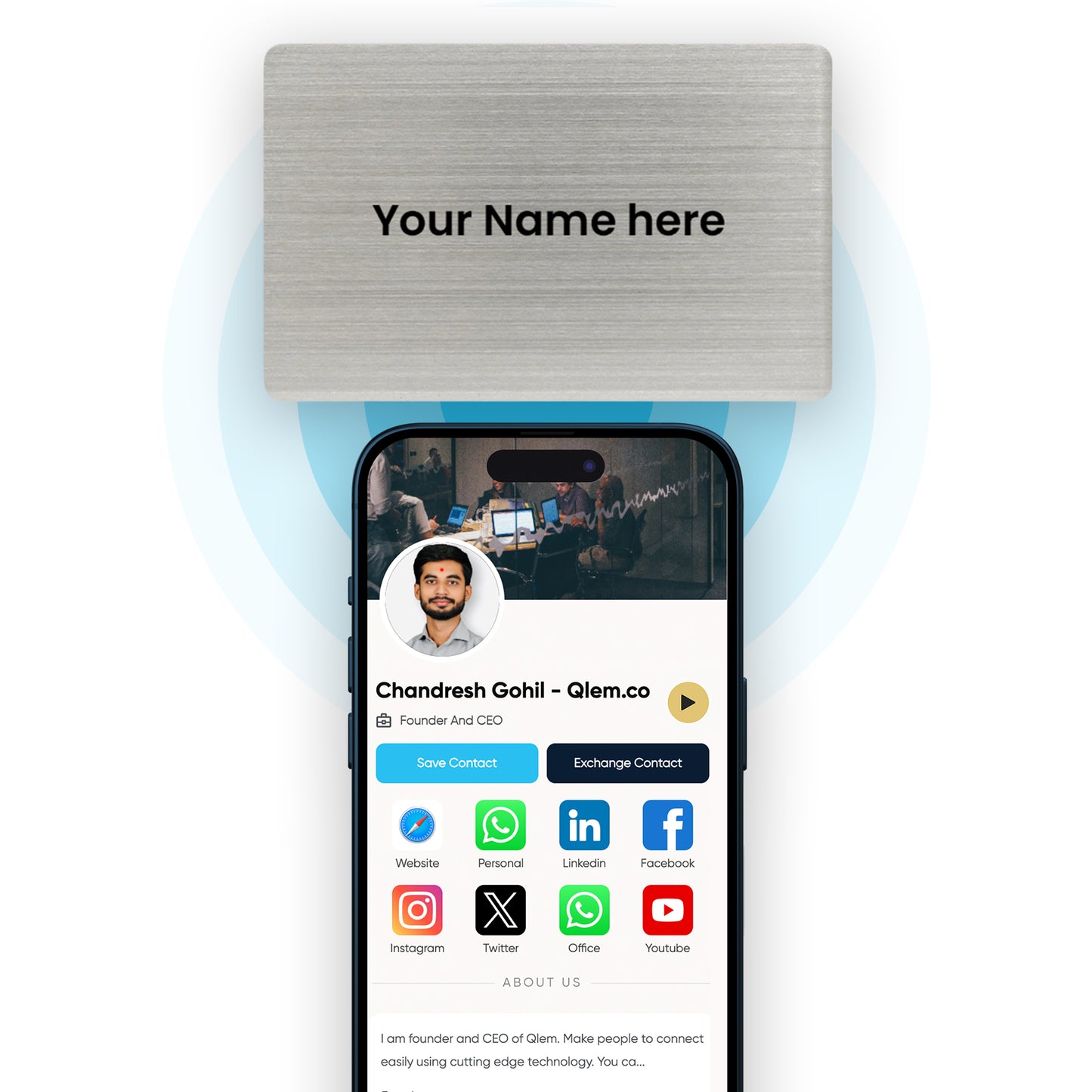 QLEM NFC Smart Business Card - Metal - Silver (Premium Customized)