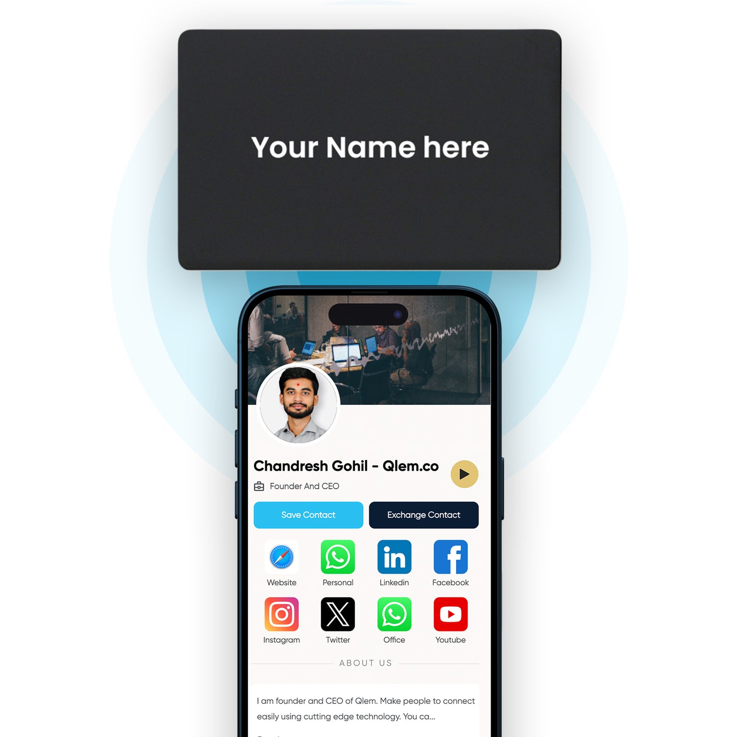 QLEM NFC Smart Business Card - Metal - Black (Premium Customized)