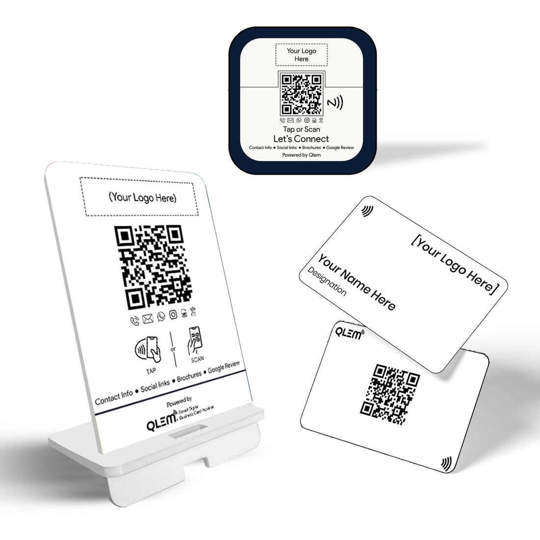 QLEM combo – NFC standee, door tag and PVC business card
