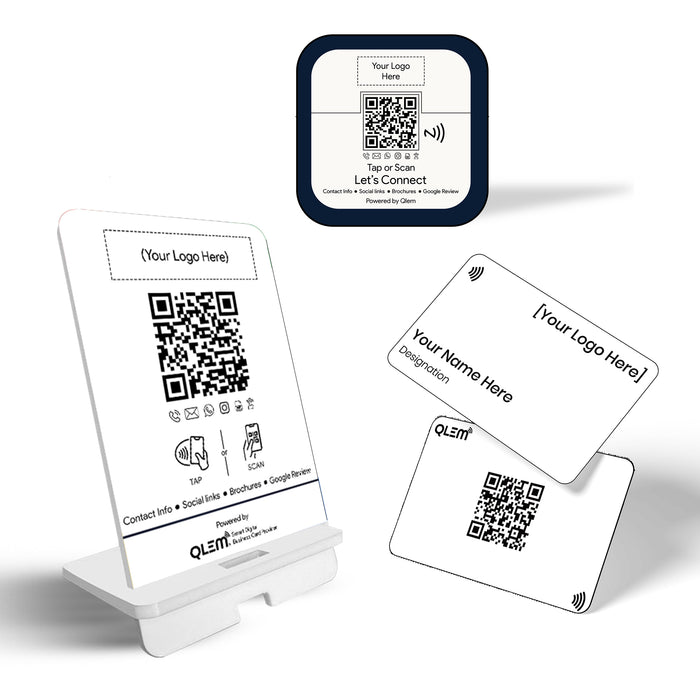 QLEM combo – NFC standee, door tag and PVC business card
