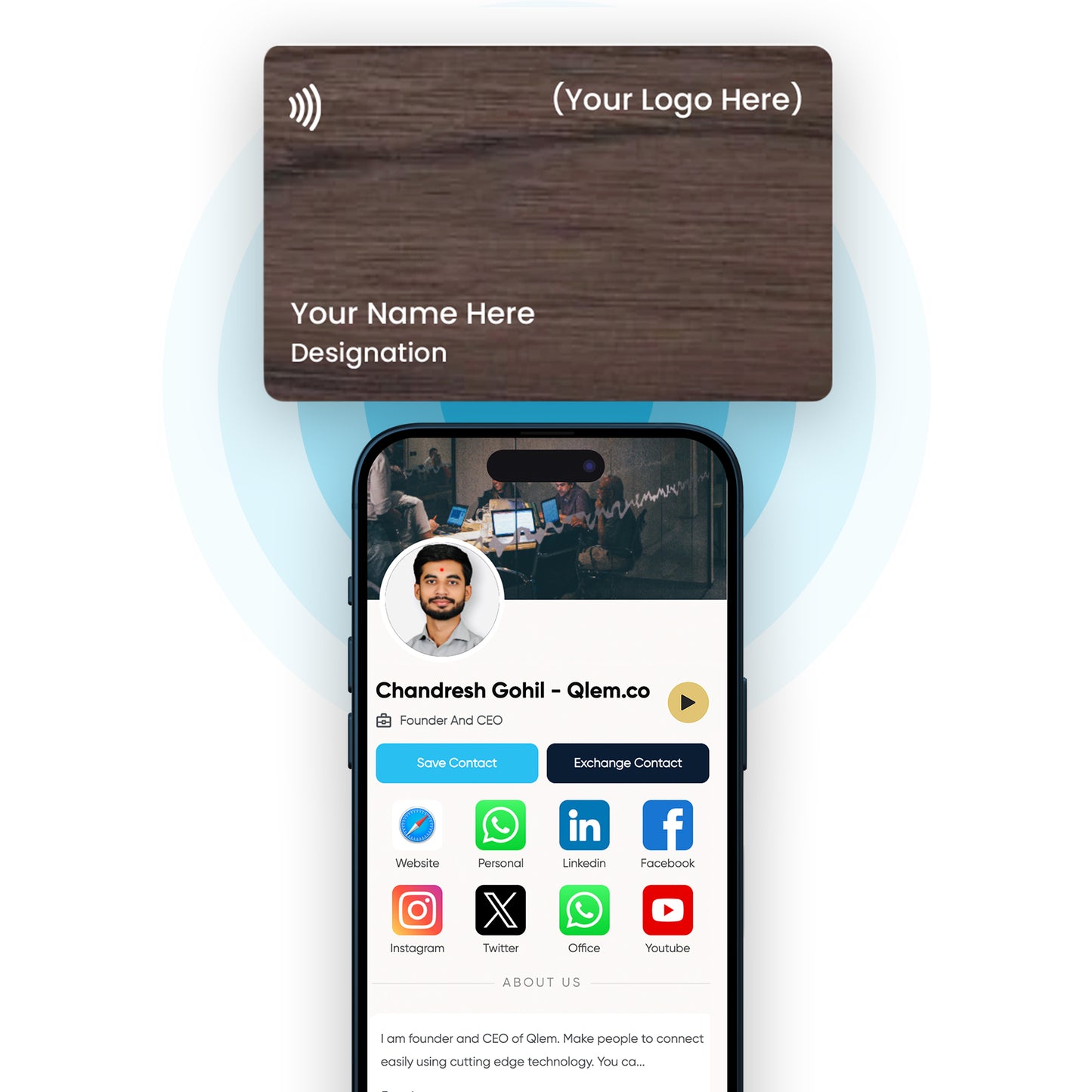 QLEM NFC Smart Business Card - Wooden - Wallnut (Customized)