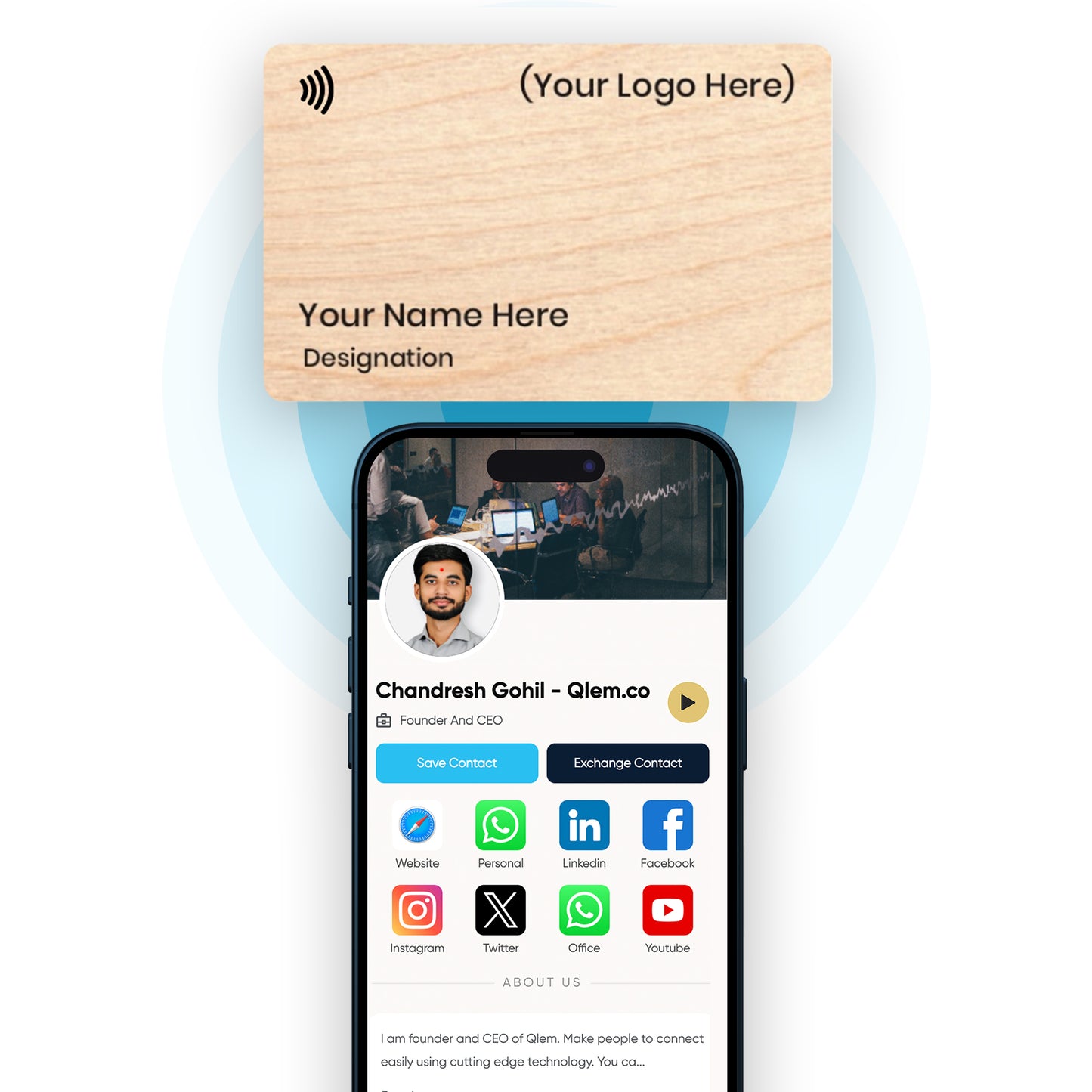 QLEM NFC Smart Business Card - Wooden - Brich (Customized)