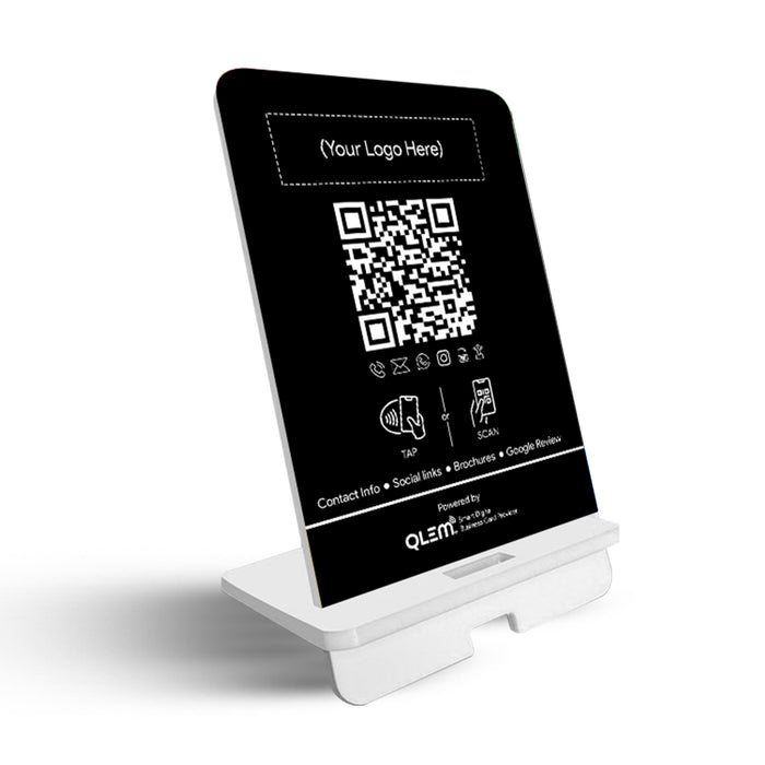 QLEM NFC smart standee on a business counter